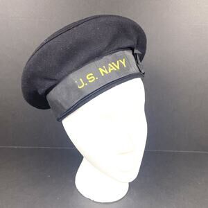 WWII -Vietnam Era US Navy Blue Wool Flat Hat With Band size 7 Navy Memorabilia